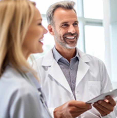 Dentist and dental assistant smiling with clipboard