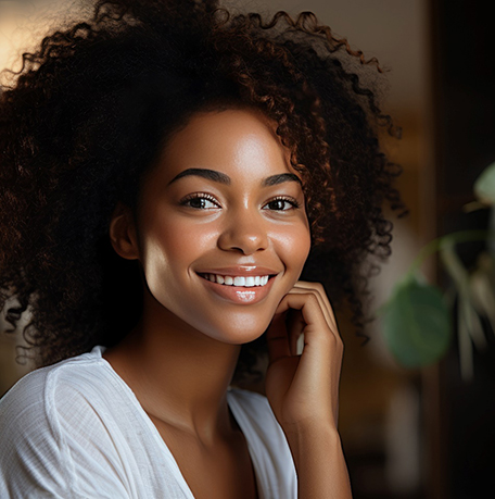 Woman in white shirt smiling while sitting in coffee shop